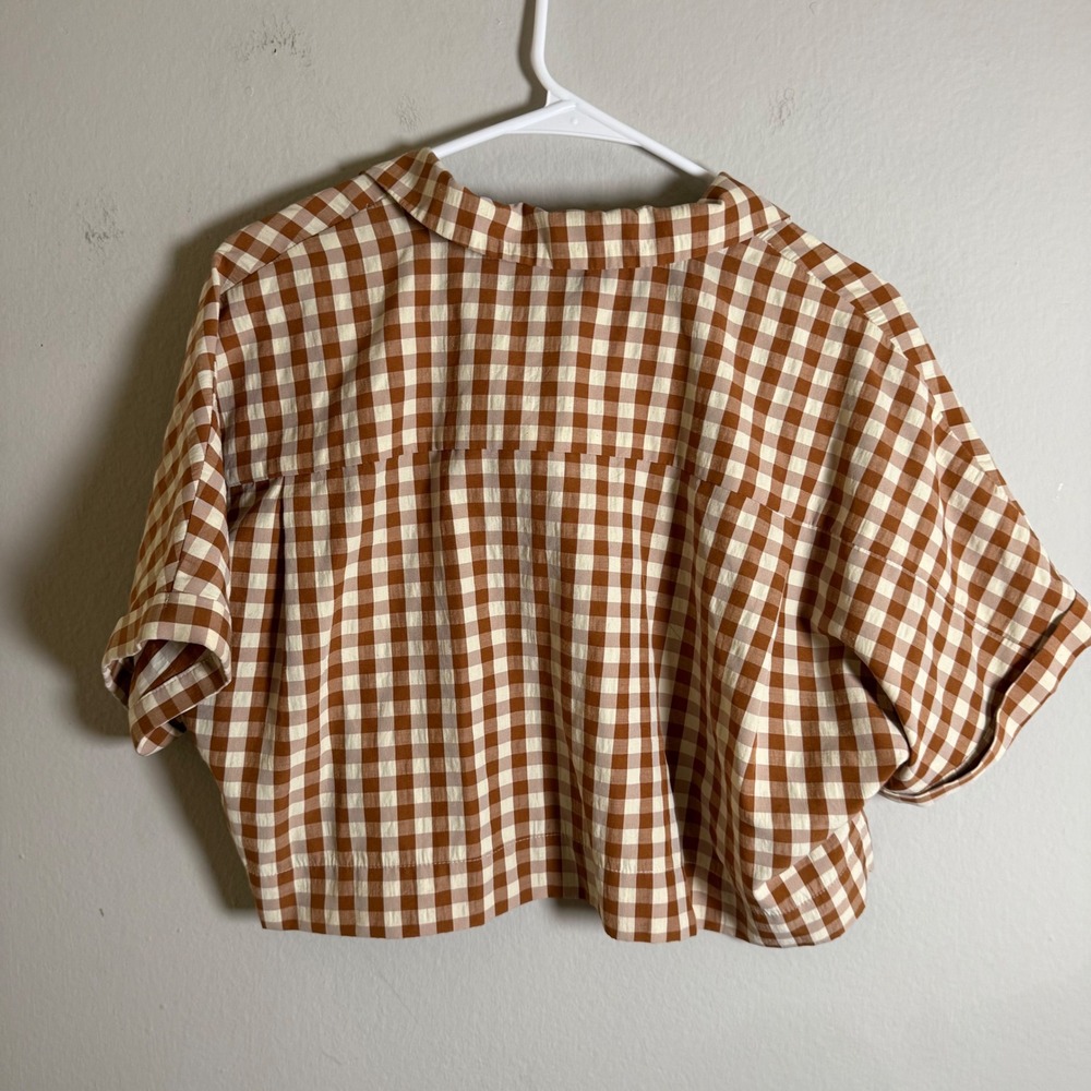 Find Me Now Womens Brown Gingham Cropped Short Sleeve Button Down Shirt Size M - Picture 3 of 5